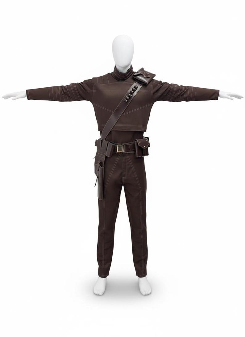 May include: A brown costume displayed on a mannequin. The outfit includes a long-sleeved top, pants, a belt with pouches, and a shoulder strap. The stitching is a lighter brown, creating a contrast. The mannequin's arms are outstretched.