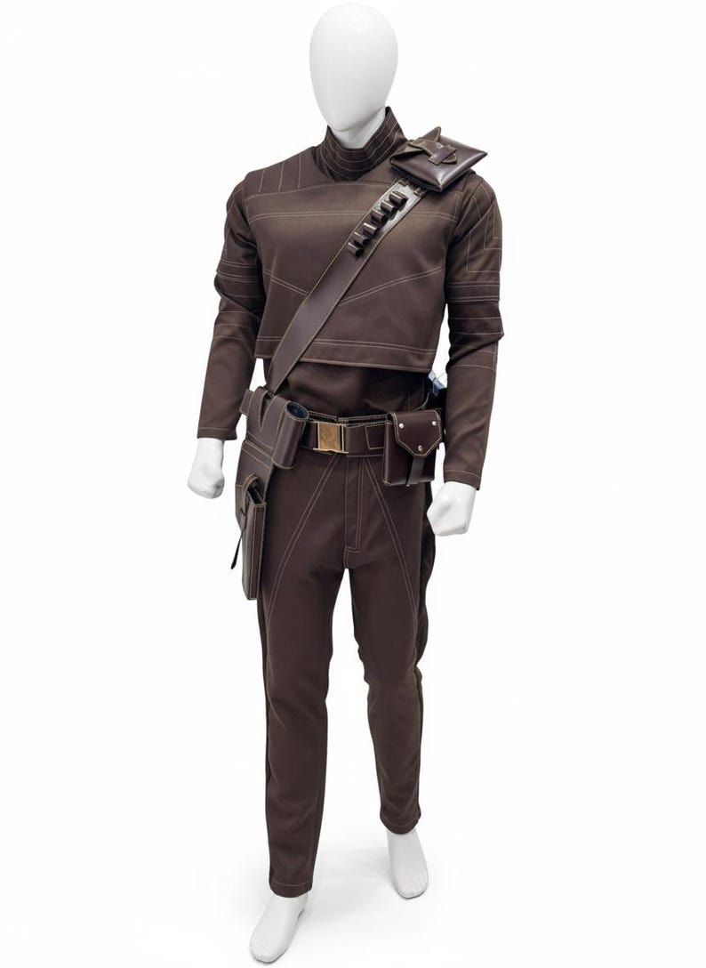 May include: Brown costume with a high collar, long sleeves, and matching pants. The outfit features white stitching details, a shoulder strap with pouches, and a belt with a gold buckle. Additional pouches are attached to the belt and leg.