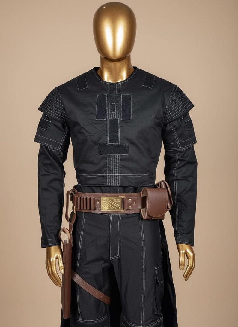 May include: Black costume with white stitching, featuring a long-sleeved top with shoulder accents and a matching pair of pants. A brown leather belt with a rectangular buckle and a pouch is worn around the waist. A holster is attached to the belt.