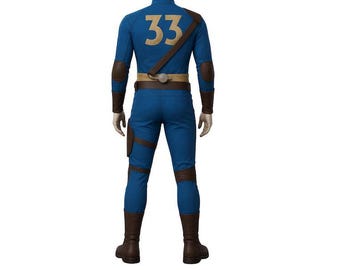 May include: A blue jumpsuit with the number 33 in tan on the back. The costume has brown accents on the elbows, knees, and pockets. It includes a brown belt and boots, and a brown strap across the chest.