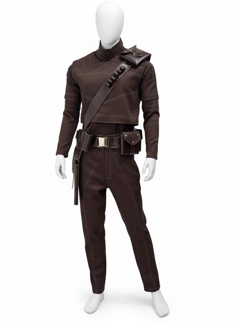 May include: Brown costume with white stitching, displayed on a mannequin. The outfit includes a long-sleeved top, pants, belt, and various pouches. A shoulder strap and a small square pouch are also present. The costume has a futuristic or sci-fi aesthetic.