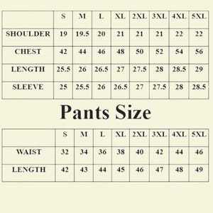 May include: Size chart for clothing, including shoulder, chest, length, and sleeve measurements in inches. Also includes pants size measurements for waist and length, with sizes ranging from S to 5XL.