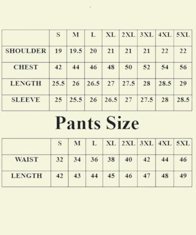 May include: Size chart for clothing, including shoulder, chest, length, and sleeve measurements in inches. Also includes pants size measurements for waist and length, with sizes ranging from S to 5XL.