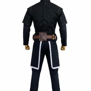 May include: Black costume with a brown belt and white trim. The outfit includes a short-sleeved jacket, long-sleeved undershirt, and trousers. The belt has a brown pouch and gold-coloured accents. The trousers have white trim.