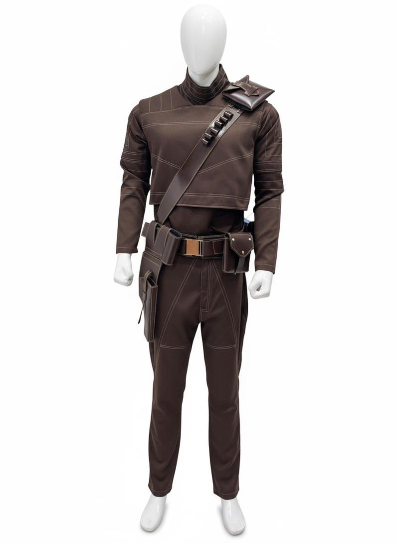 May include: Brown costume with white stitching, displayed on a mannequin. The outfit includes a long-sleeved top, pants, belt with a gold buckle, and multiple pouches. A strap with pouches goes across the chest.