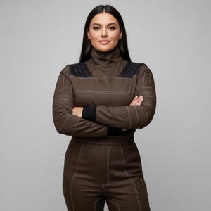 Pu&ograve; includere: Tuta marrone con collo alto, inserti neri sulle spalle e cuciture bianche. La parte superiore a maniche lunghe ha polsini neri. I pantaloni hanno vita alta e cuciture bianche. La persona &egrave; in piedi con le braccia incrociate.