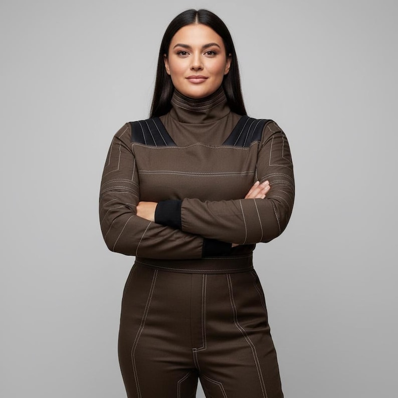 Pu&ograve; includere: Tuta marrone con collo alto, inserti neri sulle spalle e cuciture bianche. La parte superiore a maniche lunghe ha polsini neri. I pantaloni hanno vita alta e cuciture bianche. La persona &egrave; in piedi con le braccia incrociate.