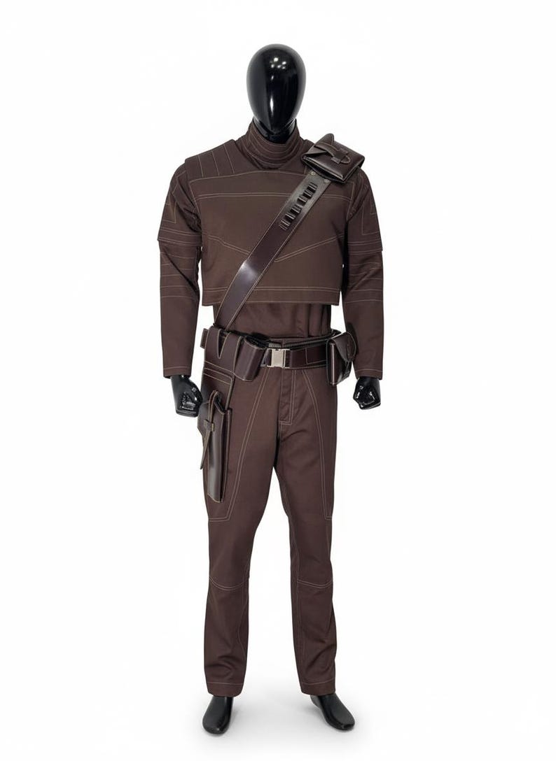 May include: Brown costume with white stitching, featuring a high-collared top, pants, and a utility belt with pouches. A leather shoulder strap and holster are also included. The outfit is displayed on a black mannequin.