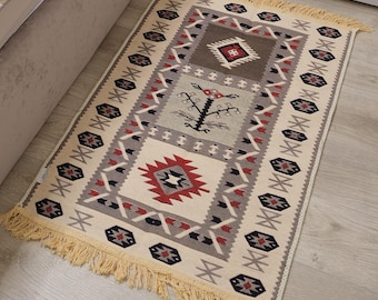 Reversible Kilim Rug, Handmade Cotton, Boho Area Rug