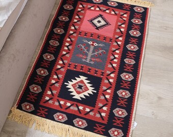 Reversible Kilim Rug  Boho Bedside Mat - Flatweave Cotton Runner - Custom Home Decor - Housewarming Gift