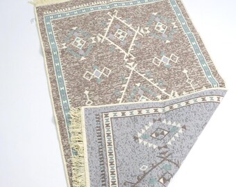Brown Blue Kilim Rug, Handmade Cotton Moroccan Bohemian Carpet with Geometric Diamond Pattern