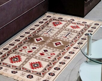 Handmade Kilim Rug, Reversible Boho Cotton Carpet, Tribal Pattern Small Floor Mat, Double Sided Woven Ethnic Style Home Decor