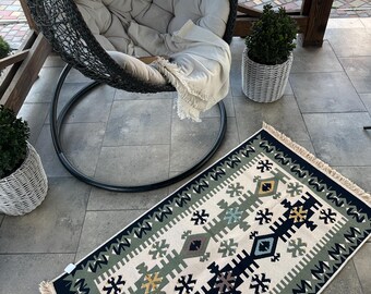 Reversible Cotton Rug with Fringe | Small Boho Kilim Accent Rug | Geometric Tribal Bedside Mat