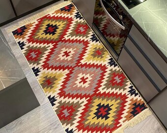 Cotton Kilim Rug for Kitchen , Reversible Tribal Carpet, Handmade Boho Woven Floor Mat, Double Sided Small Area Rug, Ethnic Home Decor
