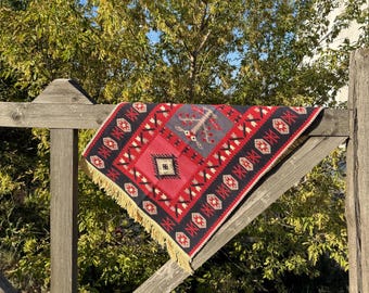 Handmade double-sided cotton kilim rug in ethnic style. Perfect kilim for bedroom, entryway, or bathroom, Bohemian home decor