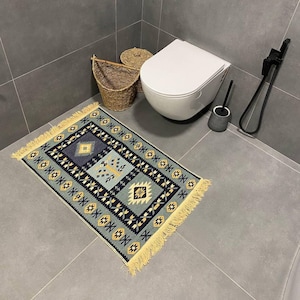 Turkish Kilim Rug – Boho Cotton Flat Weave Carpet – Blue & Yellow Reversible Tribal Rug – Handwoven Geometric Area Rug