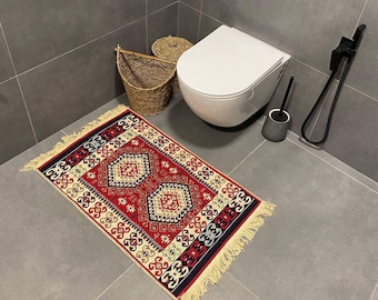 Cotton Bathroom Rug - Reversible Small Carpet with Geometric Tribal Pattern