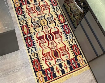 Dwustronny bawełniany chodnik – dywanik w stylu boho tribal do kuchni, ręcznie robiony dywan w jasnych kolorach