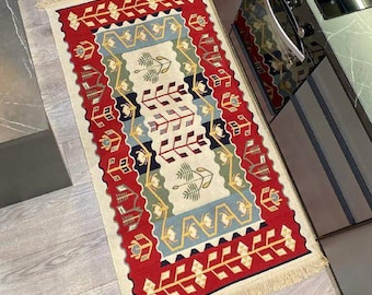 Alfombra Kilim geométrica – Alfombra tribal reversible de algodón, lavable
