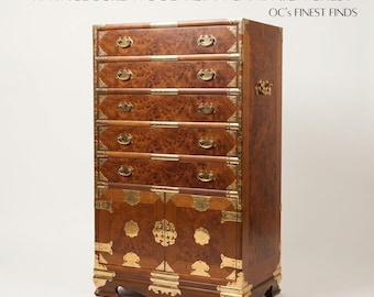 Vintage Burl Wood Campaign Chest | Hollywood Regency Asian Style Lingerie Cabinet
