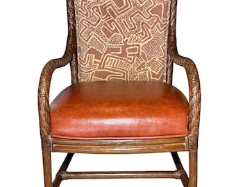 Vintage British Colonial Rattan Armchair – Tropical Regency Statement Chair with Geometric Back