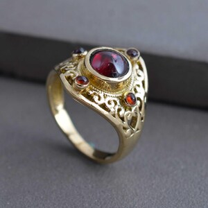 Brass Garnet Ring, Red Gemstone Filigree Statement Ring, Handmade Vintage Style Brass Jewelry, Bold Boho Gift for Women