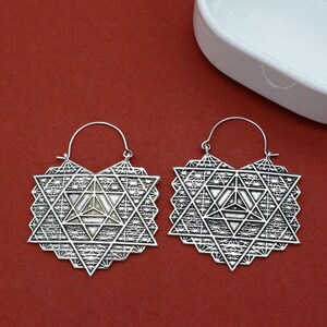 Brass Sacred Geometry Hoop Earrings – Mandala Star Tribal Jewelry, Boho Festival Statement Hoops, Handmade Spiritual Geometric Earrings