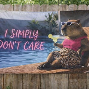 Könnte beinhalten: Banner mit einem Capybara mit Sonnenbrille, einem rosa Oberteil und einem Leopardenmuster-Rock, das einen Cocktail hält. Auf dem Banner steht "I SIMPLY DON'T CARE" in rosa Schrift, mit einem Pool im Hintergrund.