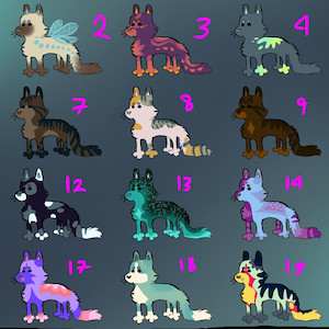 May include: A collection of twenty cartoon-style cat illustrations, each with unique color schemes and patterns. The cats are depicted in various poses, with different markings and expressions. The background is a solid, dark teal color.