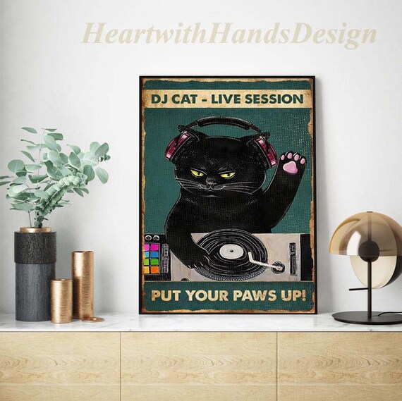 Cat DJ Vintage Poster Funny DJ Cat Live Session Put Your Paws - Etsy