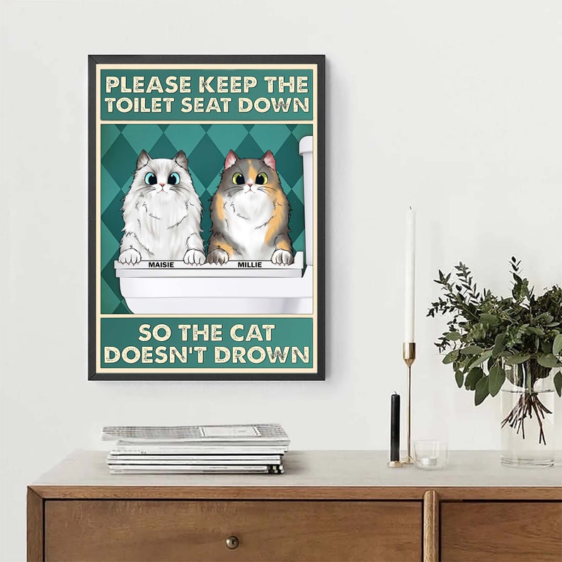 Please Keep the Toilet Seat Down Poster Funny Cat Bathroom Etsy