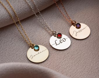 Personalized Disc Necklace with Birthstone, Custom Engraved Kids Name Pendant, Gold Mom Necklace, Gift for Her, Mother’s Day Jewelry