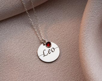 Custom Disc Necklace with Birthstone, Personalized Kids Name Pendant, Gold or Silver Mom Necklace, Gift for Her, July 4th Gift