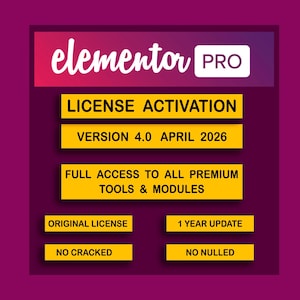 Puede incluir: Gráfico digital con el logotipo de Elementor Pro en blanco sobre un fondo degradado rosa y morado. El gráfico incluye información sobre la activación de la licencia, la versión 4.0 y el acceso a herramientas y módulos premium.