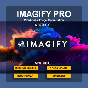May include: A digital graphic for Imagify Pro WordPress Image Optimization featuring the text Imagify Pro, WPStudio, and Imagify. The background displays vibrant, swirling clouds of orange, blue, and magenta smoke against a dark blue backdrop.