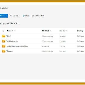 May include: A OneDrive digital file directory titled 6 DIVI para ETSY V5.11, displaying a list of folders and zip files including Divi 5, divi-builder.zip, divi-child-theme-0.1.1.r20.zip, and Extra.zip, with columns for name, modified date, file size, and sharing status.