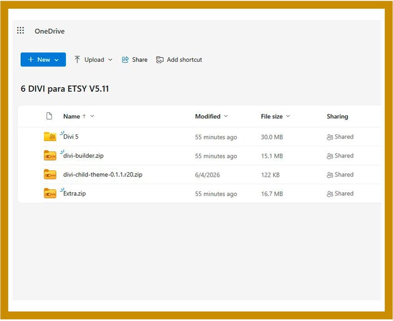 May include: A OneDrive digital file directory titled 6 DIVI para ETSY V5.11, displaying a list of folders and zip files including Divi 5, divi-builder.zip, divi-child-theme-0.1.1.r20.zip, and Extra.zip, with columns for name, modified date, file size, and sharing status.