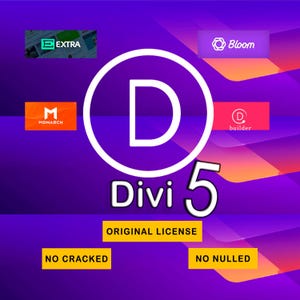 Może przedstawiać: Grafika z fioletowo-pomarańczowym gradientem w tle z białym tekstem "Divi 5". Obraz zawiera loga "Extra", "Monarch", "Bloom" i "Builder". Tekst na dole brzmi "Original License", "No Cracked" i "No Nulled".