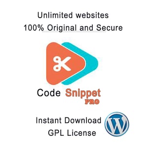 Puede incluir: Fondo blanco con texto: "Sitios web ilimitados, 100% original y seguro". Un logotipo con un triángulo naranja y una forma azul, con tijeras en el interior. El texto de abajo dice "Code Snippet PRO, Descarga instantánea, Licencia GPL".