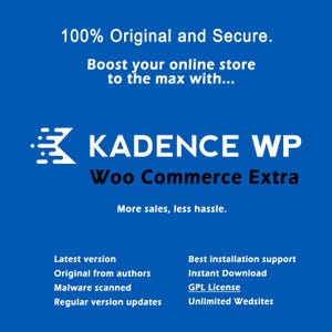Op de afbeelding: Blauwe afbeelding met witte tekst die Kadence WP Woo Commerce Extra promoot. De tekst bevat "100% Origineel en veilig", "Geef uw online winkel een boost" en "Meer verkoop, minder gedoe."
