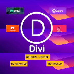 May include: A digital graphic featuring the word "Divi" in white within a white circle, set against a purple and orange gradient. Logos for "Extra", "Monarch", "Bloom", and "builder" are included. The text at the bottom states "Original License", "No Cracked", and "No Nulled".