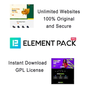 以下が含まれることがあります： ウェブサイトのモックアップとテキストを含むプロモーション画像。「Black Friday Styled Your Way」、「Unlimited Websites 100% Original and Secure」、「Instant Download GPL License」などのテキストが含まれています。「Element Pack PRO」のロゴも表示されています。