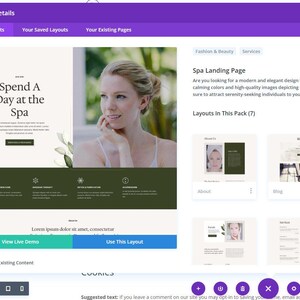 May include: A digital interface displaying a spa landing page layout with a cream and dark green color scheme. The design features a photograph of a person, botanical illustrations, and text including 'Spend A Day at the Spa', 'View Live Demo', and 'Use This Layout'.