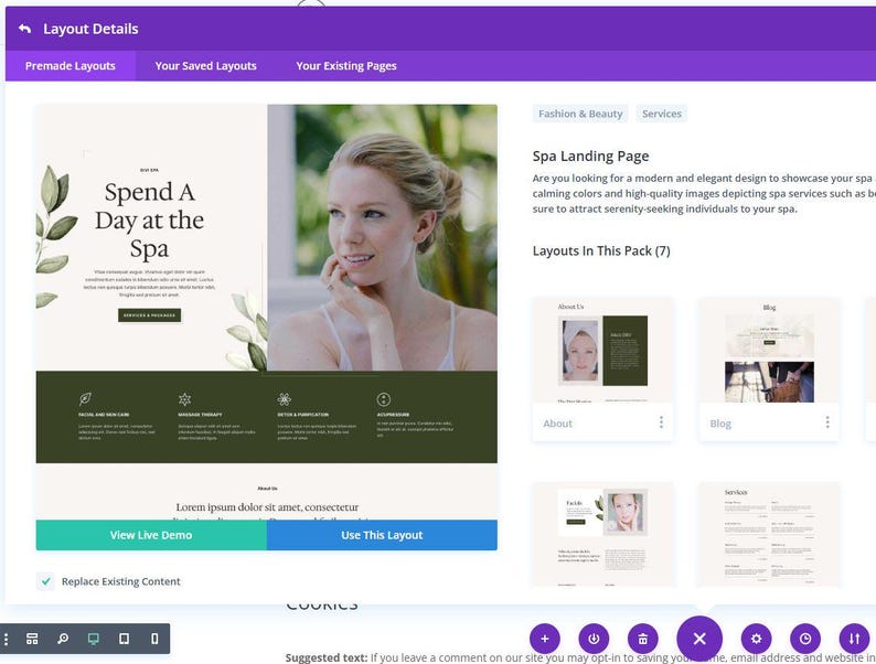 May include: A digital interface displaying a spa landing page layout with a cream and dark green color scheme. The design features a photograph of a person, botanical illustrations, and text including 'Spend A Day at the Spa', 'View Live Demo', and 'Use This Layout'.