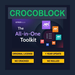 May include: A digital graphic for Crocoblock The All-in-One Toolkit featuring various Jet plugin icons, including JetEngine, JetReviews, and JetProductGallery. The image includes text labels: ORIGINAL LICENSE, 1 YEAR UPDATE, NO CRACKED, and NO NULLED.