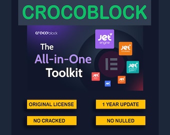 May include: A digital graphic for Crocoblock The All-in-One Toolkit featuring various Jet plugin icons, including JetEngine, JetReviews, and JetProductGallery. The image includes text labels: ORIGINAL LICENSE, 1 YEAR UPDATE, NO CRACKED, and NO NULLED.