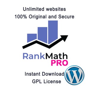 Könnte beinhalten: Auf weißem Hintergrund steht der Text „Unlimited websites 100% Original and Secure“. Ein blaues Balkendiagramm mit einem schwarzen Pfeil nach oben befindet sich über den Worten „RankMath PRO“. Darunter stehen die Worte „Instant Download GPL License“ und ein WordPress-Logo.
