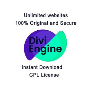 Puede incluir: Un logotipo con el texto "Divi Engine" en blanco, sobre una forma abstracta púrpura y verde azulado. El texto "Unlimited websites 100% Original and Secure" está encima del logotipo, y "Instant Download GPL License" debajo.