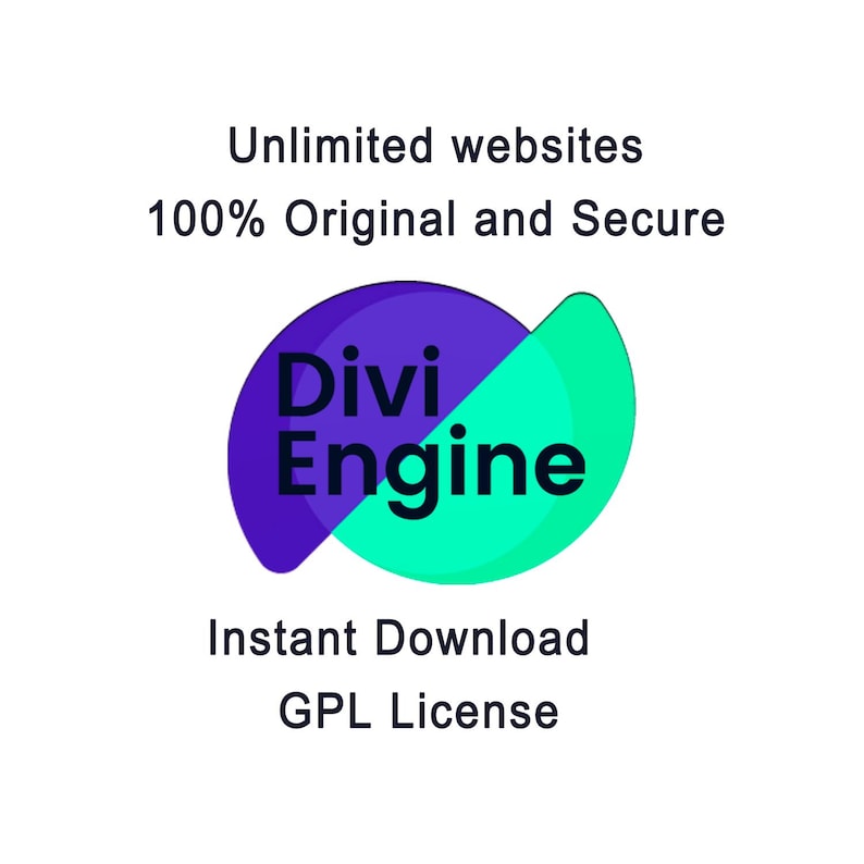 以下が含まれることがあります： 紫と緑青の抽象的な形の中に、白で「Divi Engine」と書かれたロゴ。ロゴの上には「Unlimited websites 100% Original and Secure」、下には「Instant Download GPL License」と書かれています。