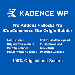 Op de afbeelding: Een blauwe afbeelding met de tekst "KADENCE WP" en de slogan "Pro Addons + Blocks Pro WooCommerce Site Origin Builder." Extra tekst bevat "Latest version", "Original from authors" en "100% Original and Secure."